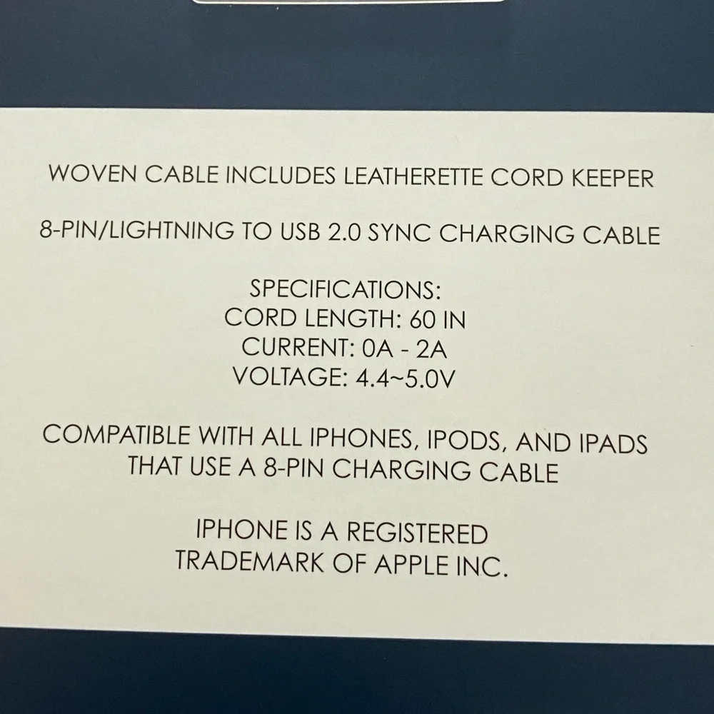VERA BRADLEY 5’ Long 8-Pin Charging Woven Cable with Leatherette Cord Keeper